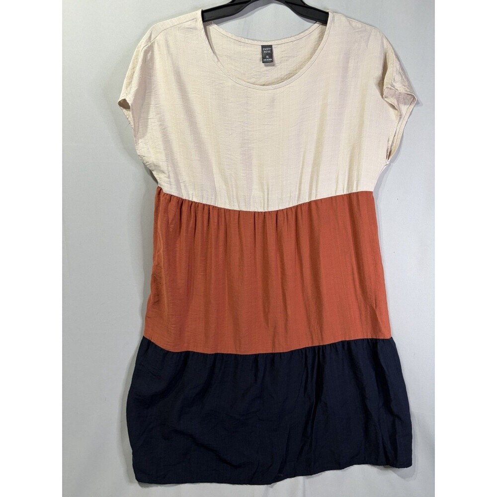 Emery Rose Womens Size XL Navy Burnt Orange Ivory Short Sleeve Round Neck Dress